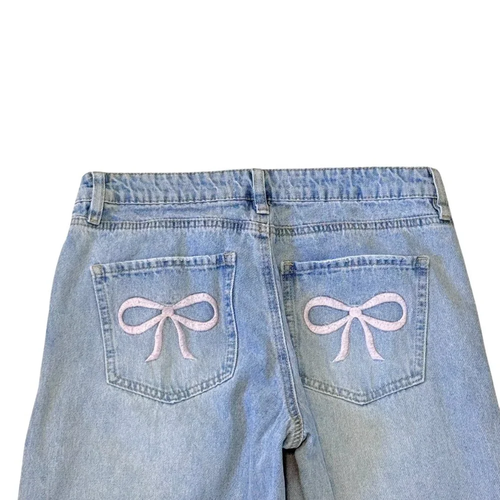 Ashley Mason Bow Embroidered Pocket Baggy Wide Leg Mid Rise Jeans size 3/26